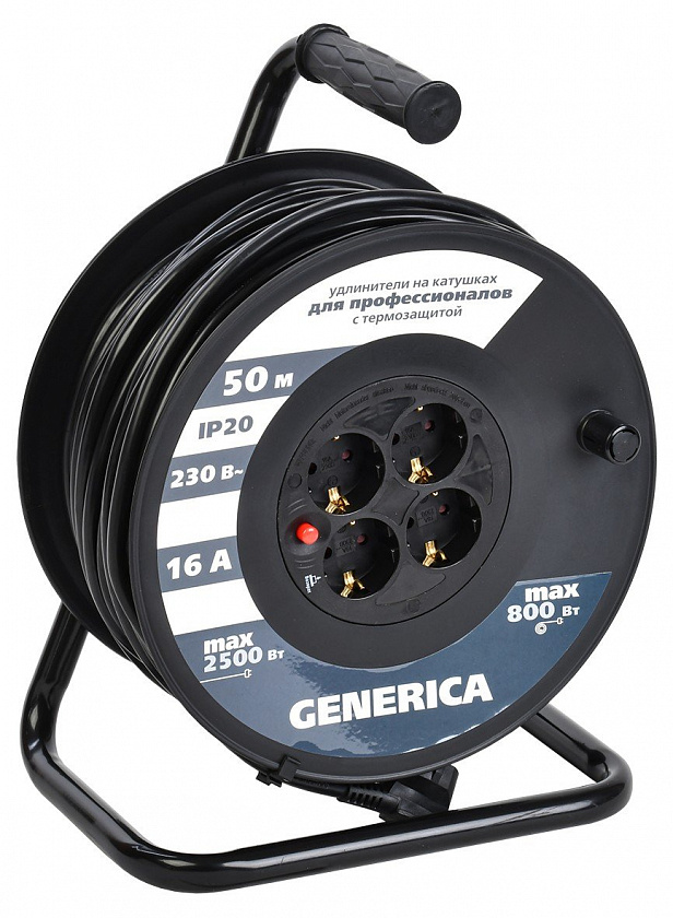 УК50 4 места 2P+PE, 50м GENERICA (WKP20-16-04-50-G) Удлинитель на катушке с термозащитой, 3х1,5кв.мм - YUM