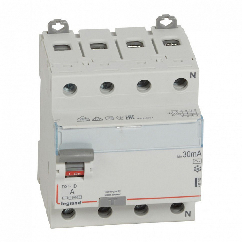 ВДТ DX3 4П 25А AC 30мА N справа (411702) Выключатель дифференциального тока - YUM