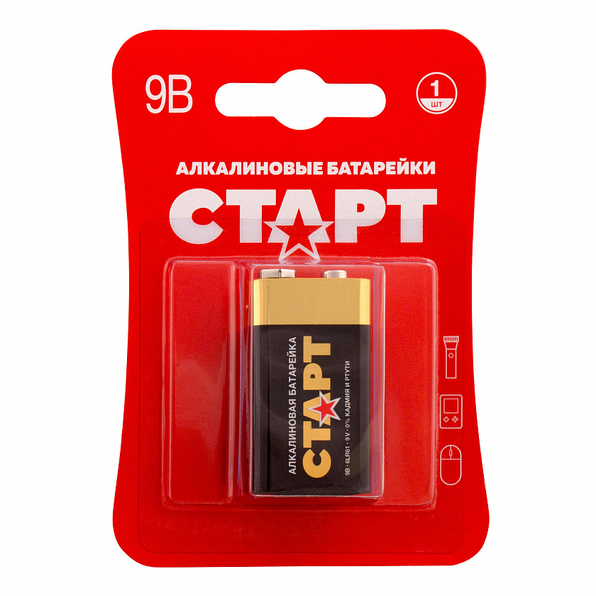 СТАРТ 6LR61-BL1 (9 В, Крона, 6LR61), БЛИСТЕР Алкалиновая батарейка - YUM