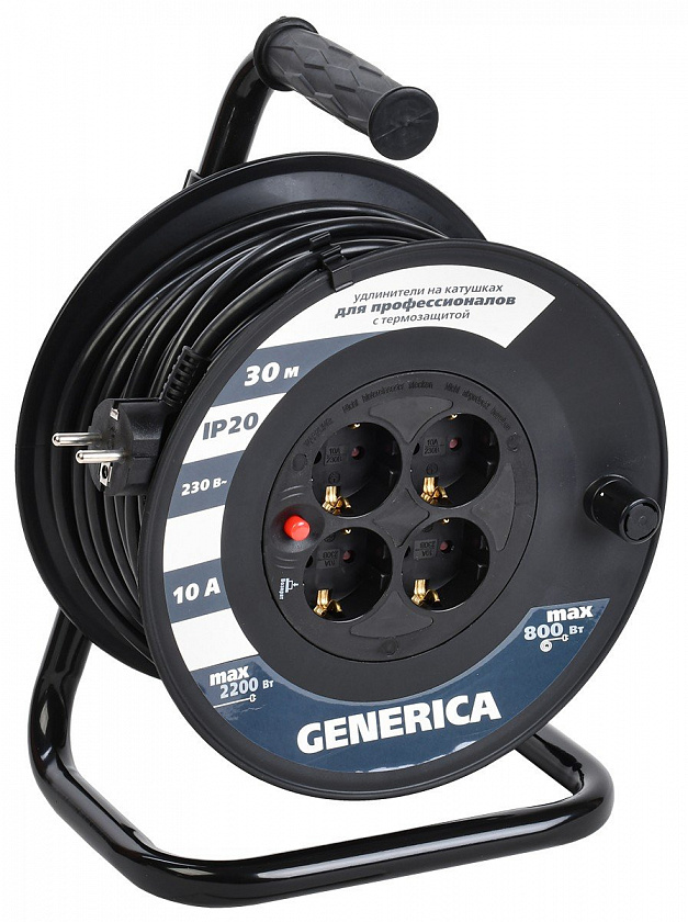 УК30 4 места 2P+PE, 30м GENERICA (WKP10-10-04-30-G) Удлинитель на катушке с термозащитой, 3х1,0кв.мм - YUM