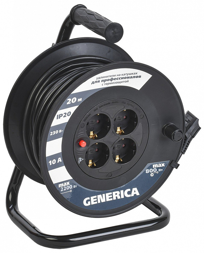 УК20 4 места 2P+PE, 20м GENERICA (WKP10-10-04-20-G) Удлинитель на катушке с термозащитой, 3х1,0кв.мм - YUM