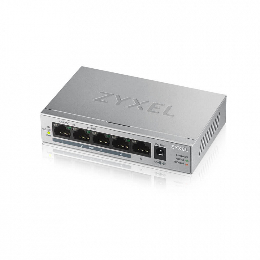 GS1005HP-EU0101F Коммутатор PoE+ 5xGE (4xPoE+), настольный, металлический, бесшумный, бюджет PoE 60 Вт - YUM