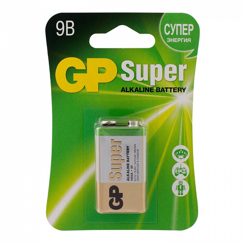 GP Super Alkaline 9V Крона (GP 1604A-5CR1), БЛИСТЕР Алкалиновая батарейка - YUM