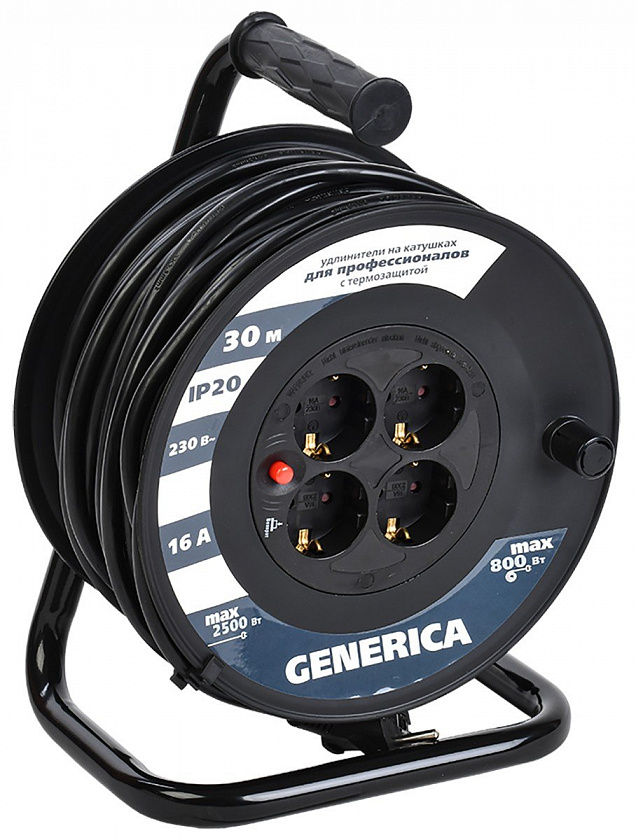 УК30 4 места 2P+PE, 30м GENERICA (WKP20-16-04-30-G) Удлинитель на катушке с термозащитой, 3х1,5кв.мм - YUM