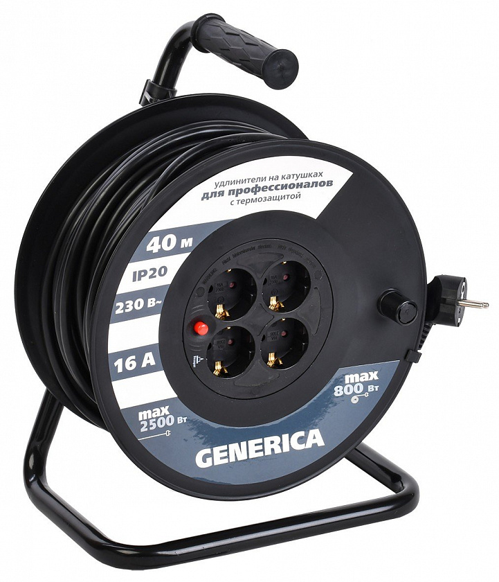 УК40 4 места 2P+PE, 40м GENERICA (WKP20-16-04-40-G) Удлинитель на катушке с термозащитой, 3х1,5кв.мм - YUM
