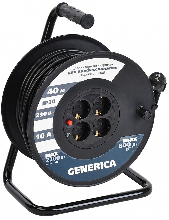 УК40 4 места 2P+PE, 40м GENERICA (WKP10-10-04-40-G) Удлинитель на катушке с термозащитой, 3х1,0кв.мм - YUM